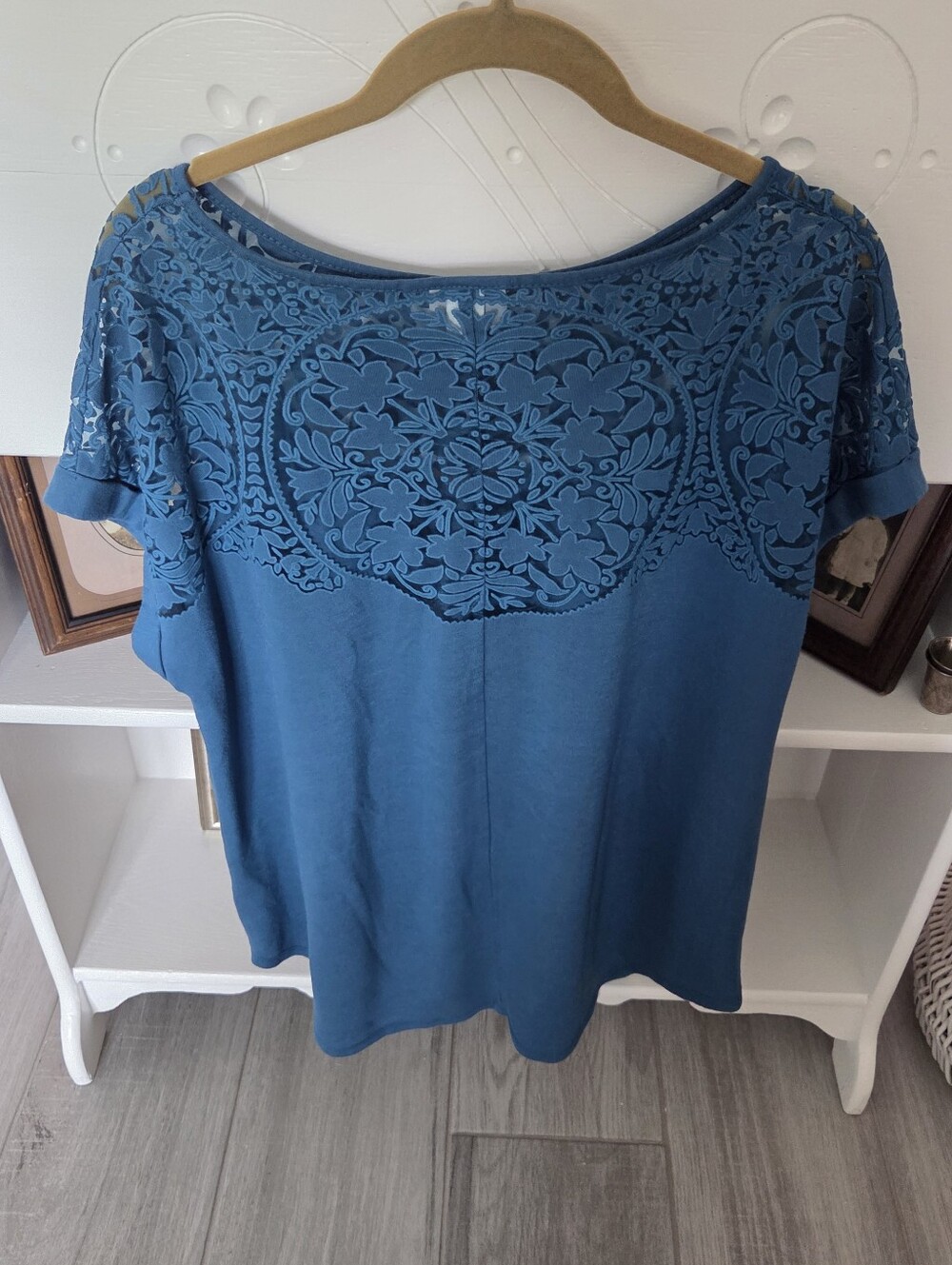 Ava & Viv Teal Blue Lace Yoke Short Sleeve Top